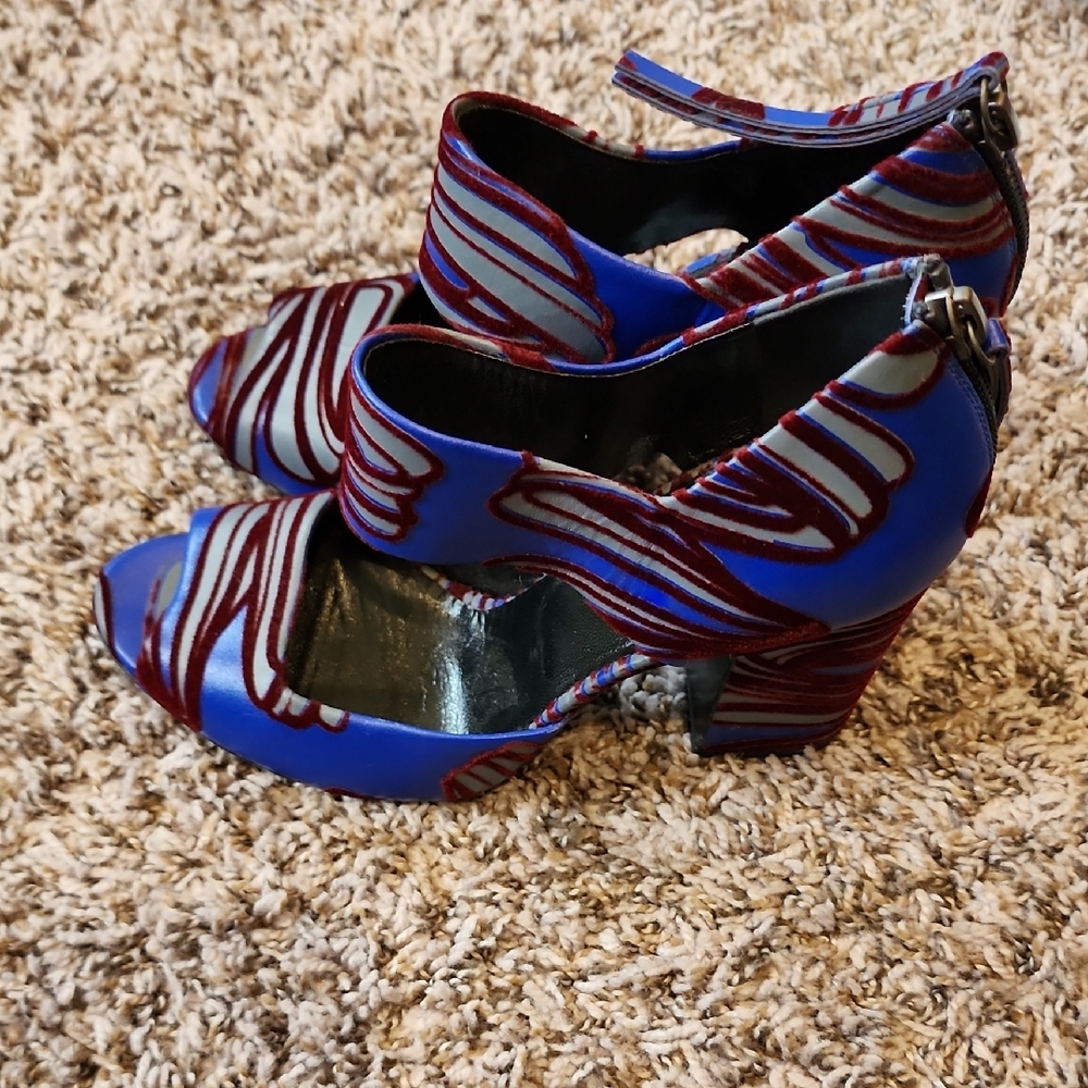 Blue and Burgundy Striped Block Heel Sandals - Women 37